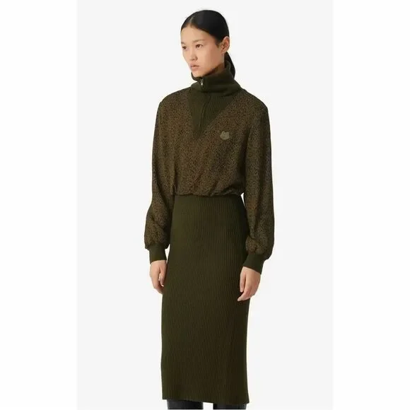 NWT Kenzo Fall/Winter 2020 Women’s Midi Leopard Mixed Material Dress - Picture 2 of 10